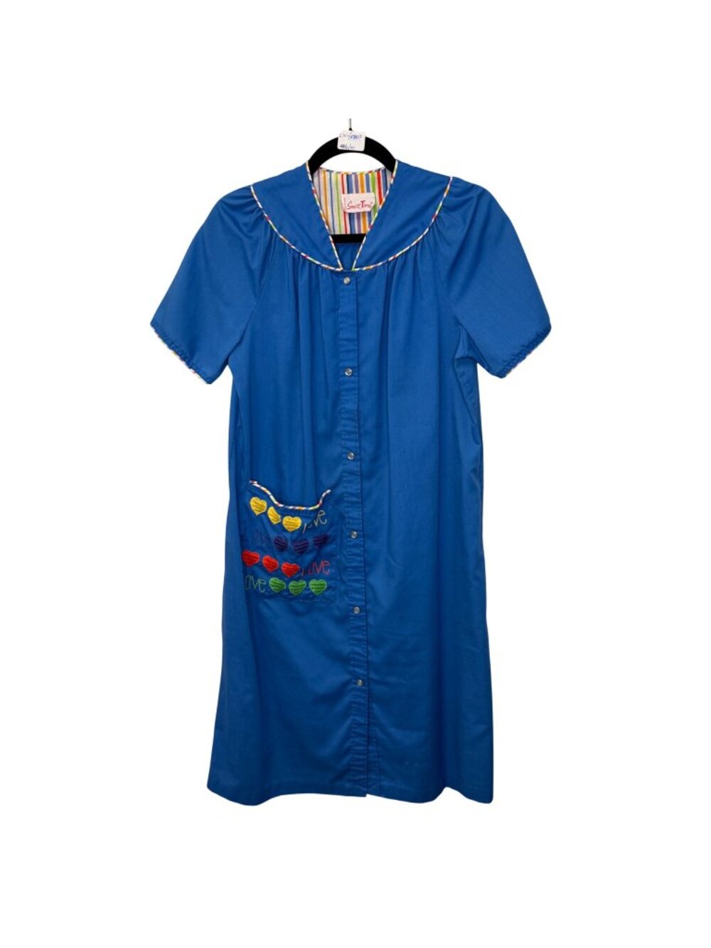 VTG 90s Teacher Smock Dress Blue Button Front Embroidered Hearts Cottagecore LRG